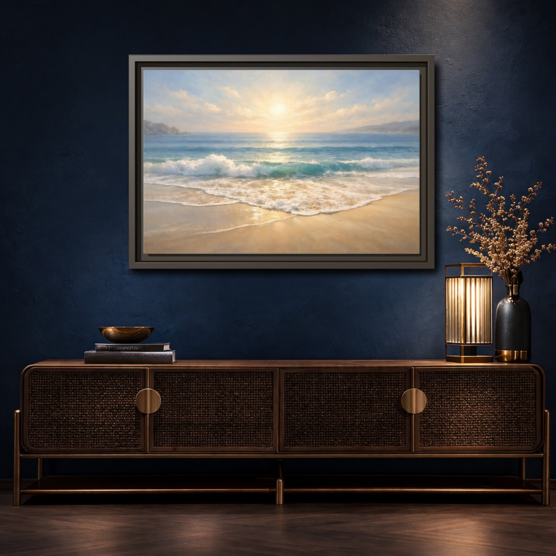Mockup 4. Nature Ocean Beach Golden Beach shown as stretched canvas wall art