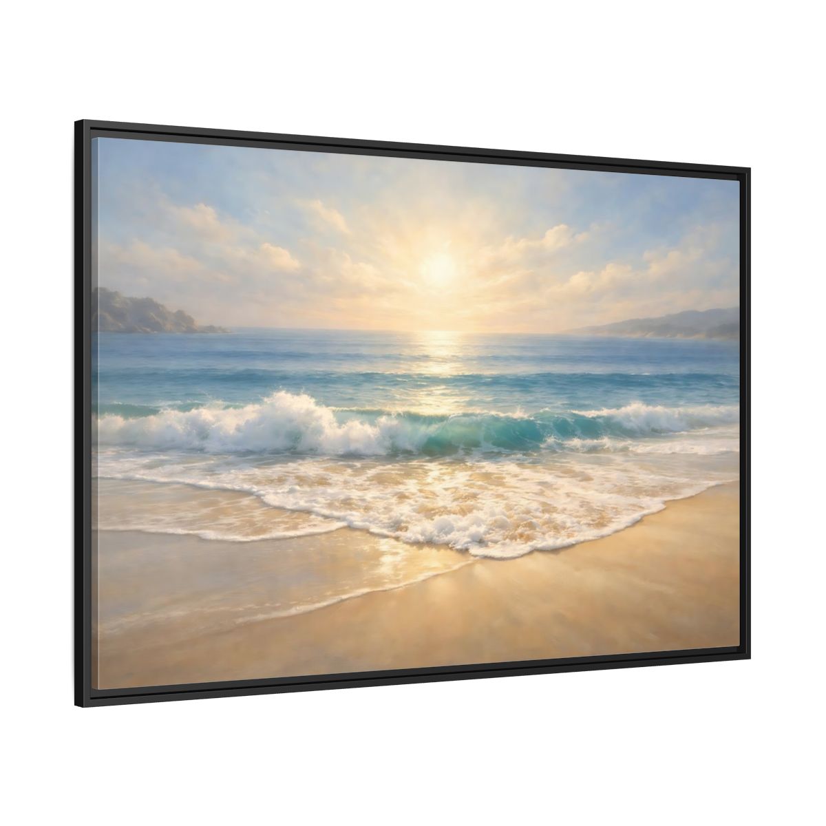 Side Mockup 12. Nature Ocean Beach Golden Beach shown as stretched canvas wall art