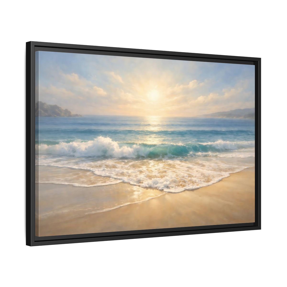 Side Mockup 14. Nature Ocean Beach Golden Beach shown as stretched canvas wall art