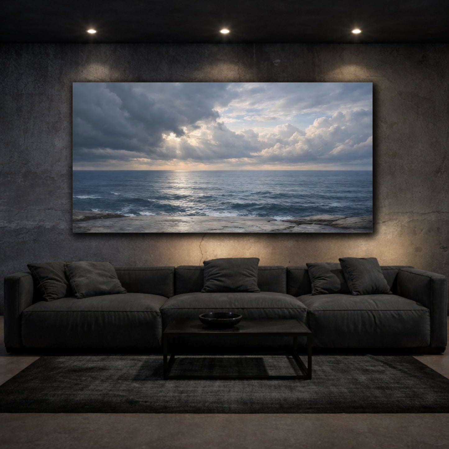 Mockup 2. Nature Ocean Blue And Grey shown as stretched canvas wall art
