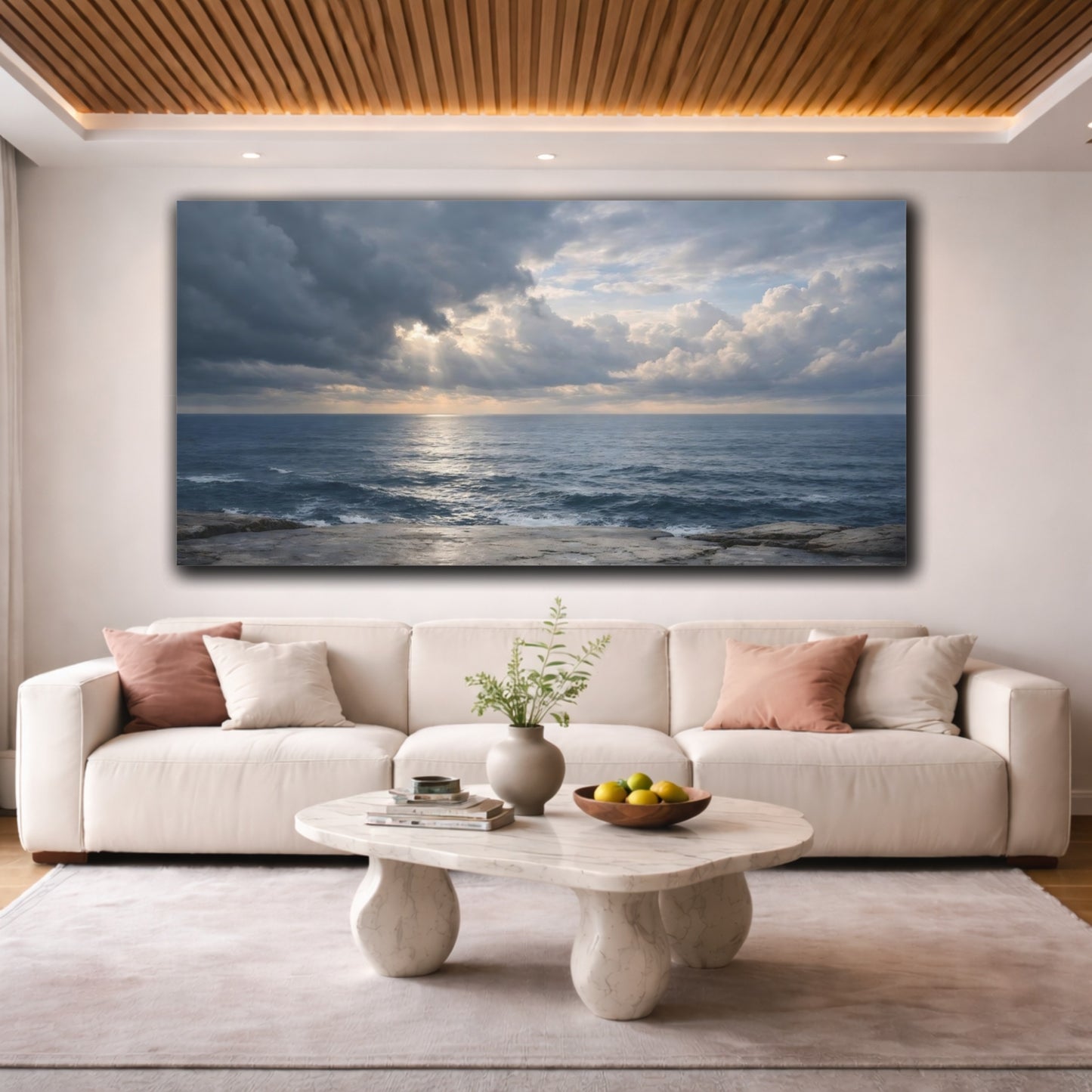 Mockup 3. Nature Ocean Blue And Grey shown as stretched canvas wall art