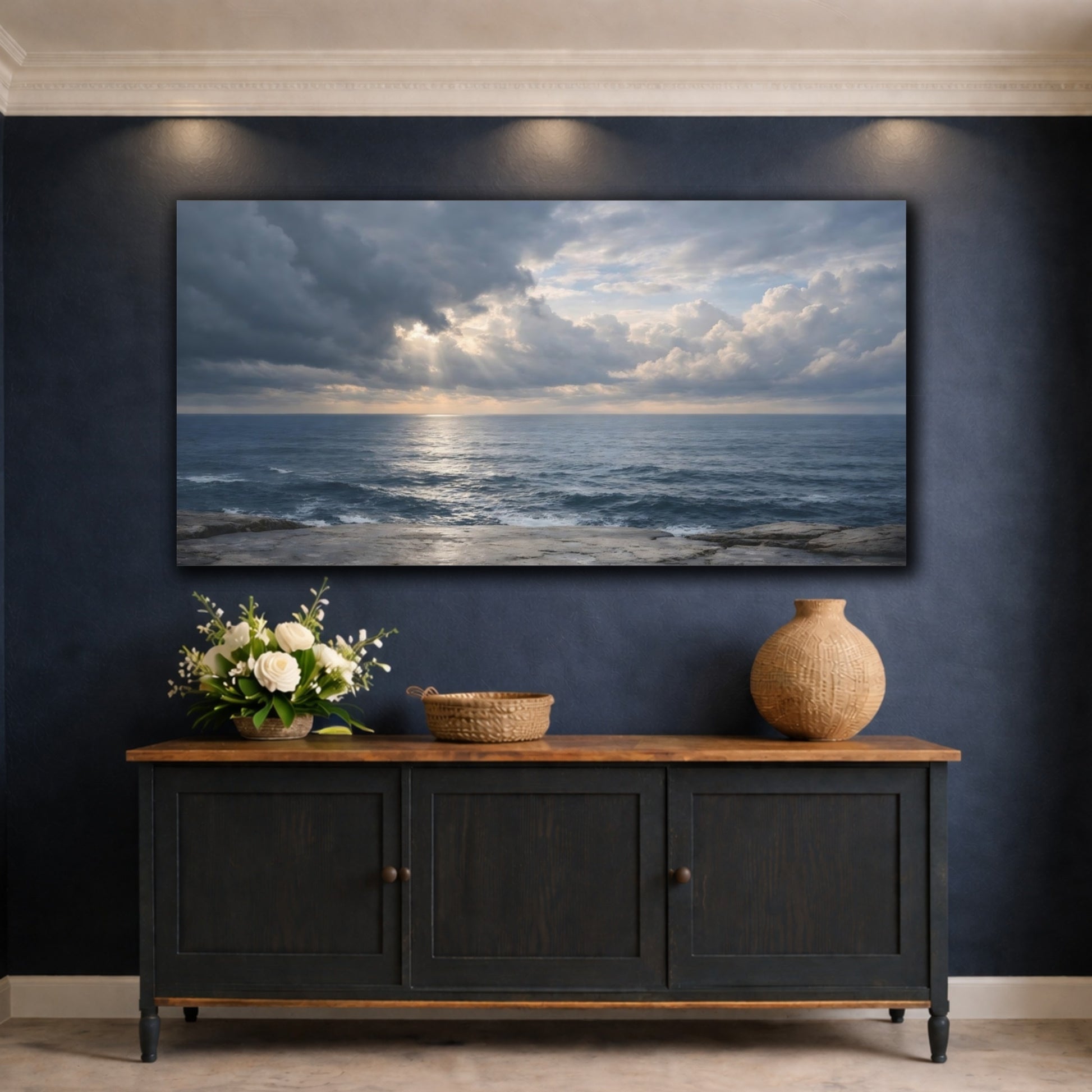 Mockup 4. Nature Ocean Blue And Grey shown as stretched canvas wall art