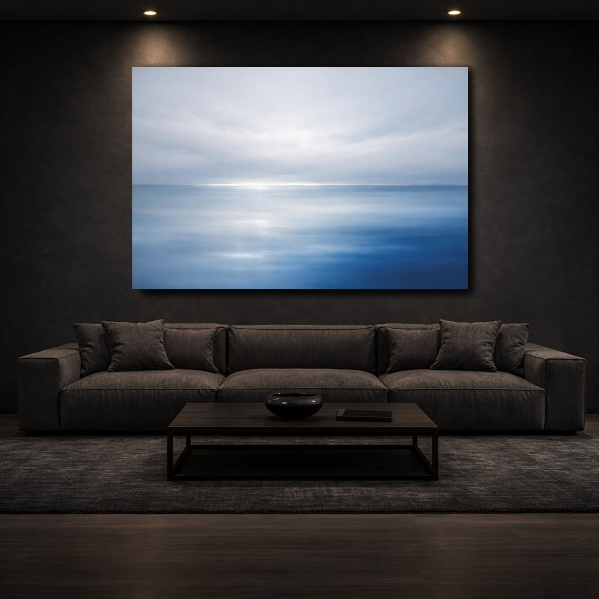 Mockup 2. Nature Ocean Blue And White shown as stretched canvas wall art