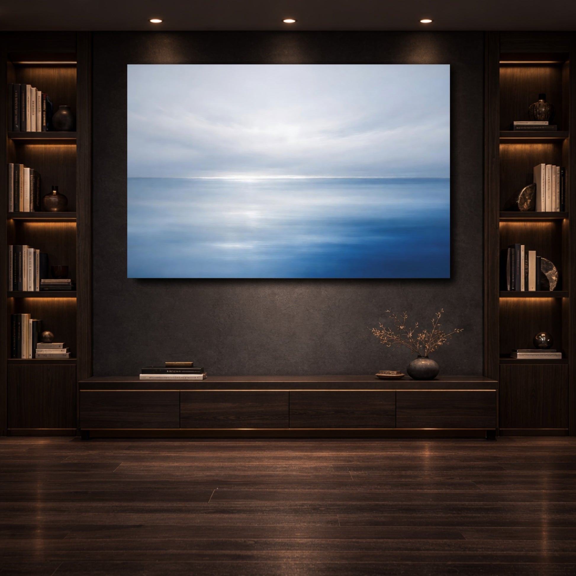 Mockup 3. Nature Ocean Blue And White shown as stretched canvas wall art