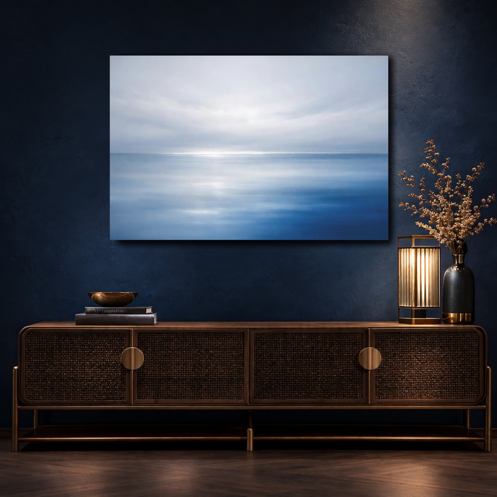 Mockup 4. Nature Ocean Blue And White shown as stretched canvas wall art