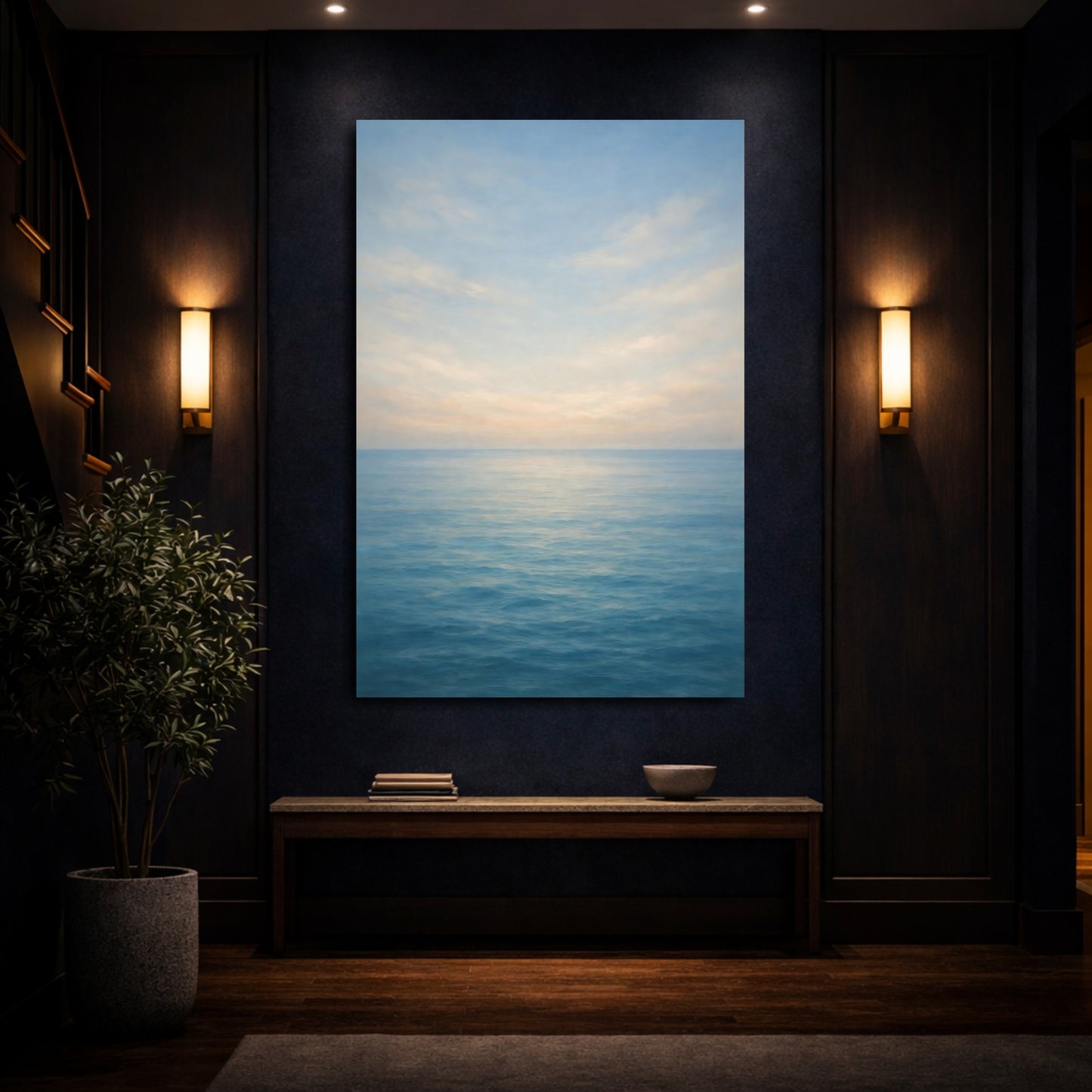 Mockup 3. Nature Ocean Blue Ocean Sky shown as stretched canvas wall art