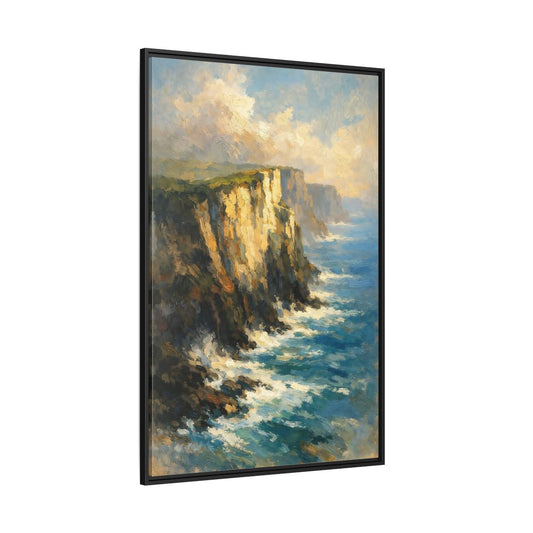 Main Mockup. Nature Ocean Cliffs Blue And Gold Coastal shown as stretched canvas wall art