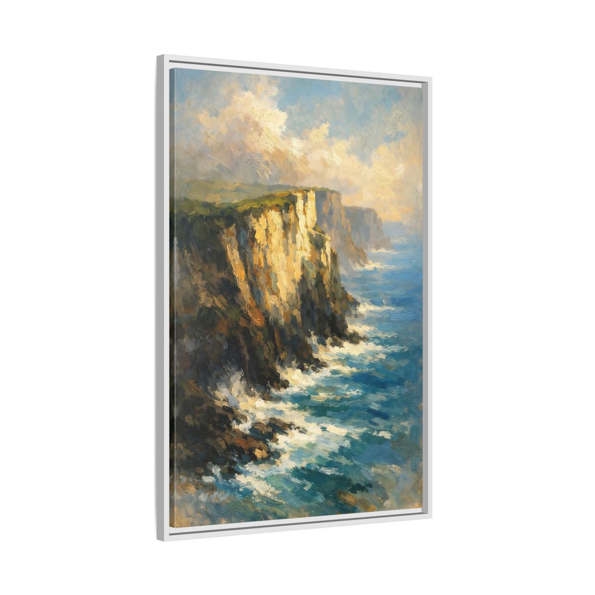 Side Mockup 9. Nature Ocean Cliffs Blue And Gold Coastal shown as stretched canvas wall art