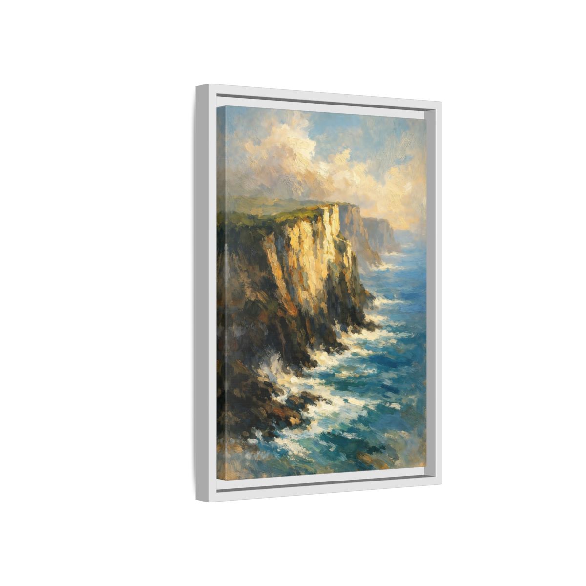 Side Mockup 4. Nature Ocean Cliffs Blue And Gold Coastal shown as stretched canvas wall art