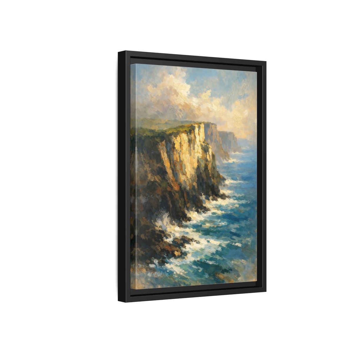 Side Mockup 6. Nature Ocean Cliffs Blue And Gold Coastal shown as stretched canvas wall art