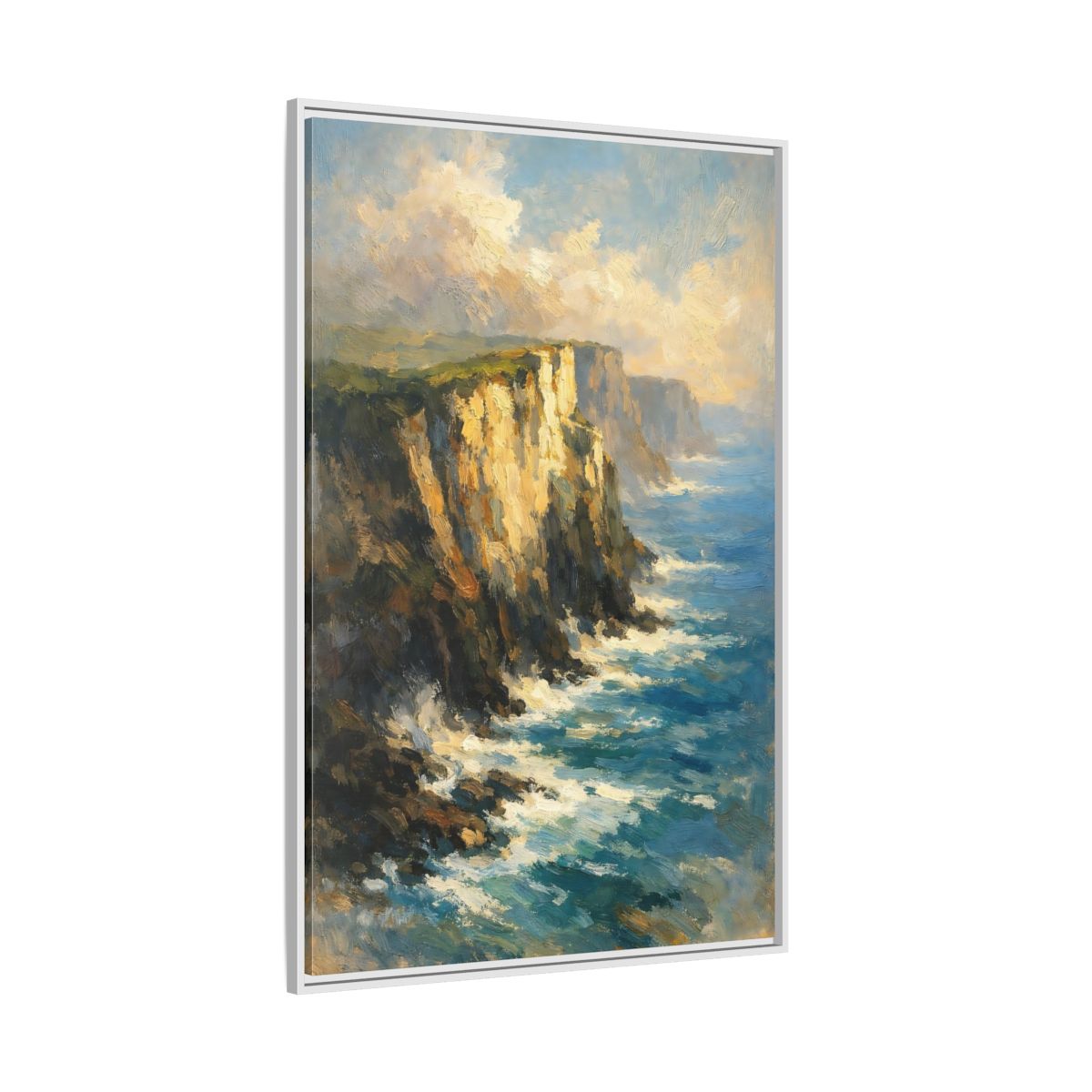 Side Mockup 7. Nature Ocean Cliffs Blue And Gold Coastal shown as stretched canvas wall art