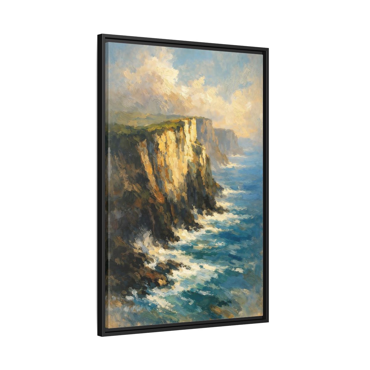 Side Mockup 13. Nature Ocean Cliffs Blue And Gold Coastal shown as stretched canvas wall art