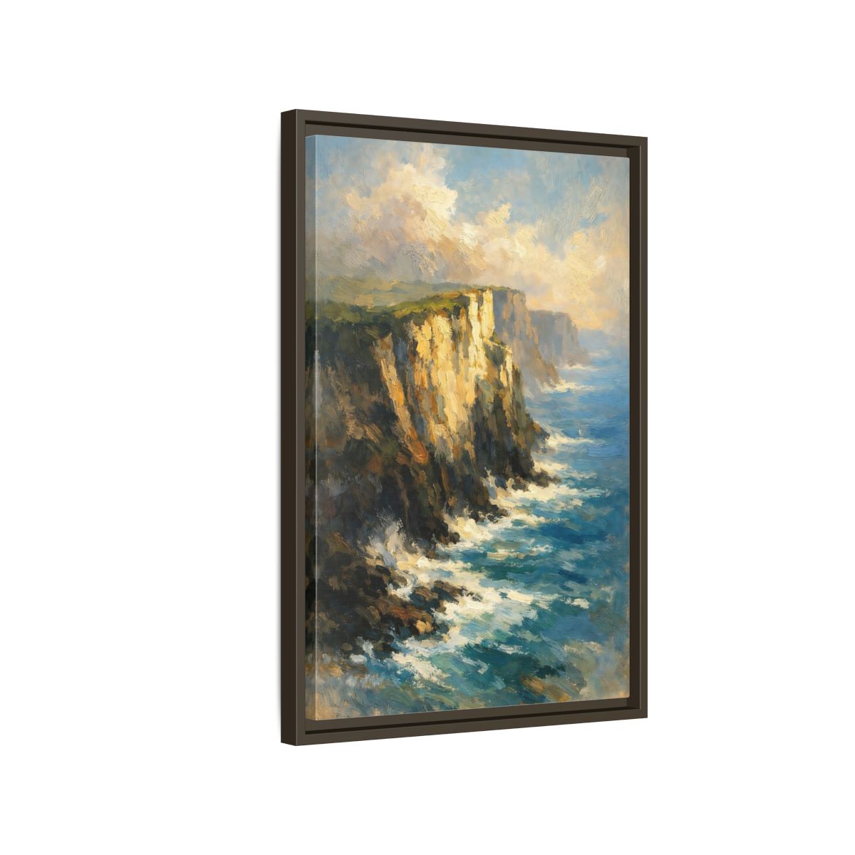 Side Mockup 2. Nature Ocean Cliffs Blue And Gold Coastal shown as stretched canvas wall art