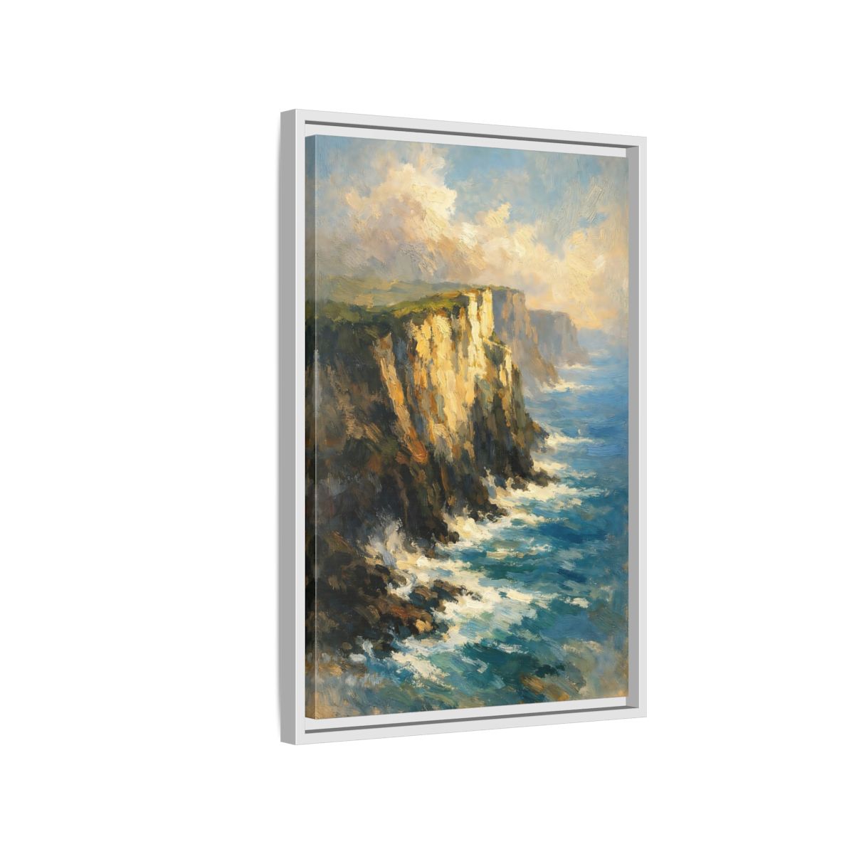 Side Mockup 1. Nature Ocean Cliffs Blue And Gold Coastal shown as stretched canvas wall art