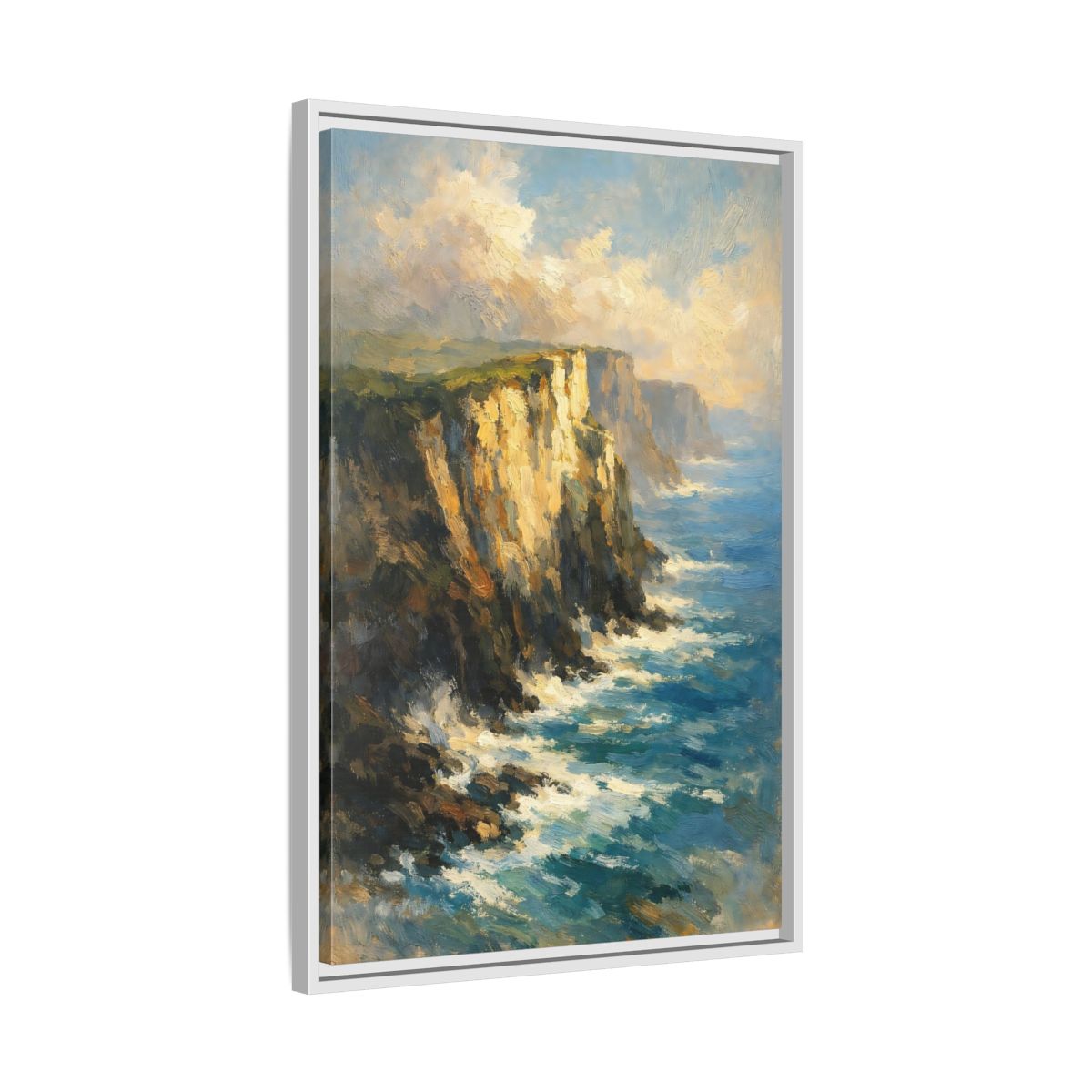 Side Mockup 11. Nature Ocean Cliffs Blue And Gold Coastal shown as stretched canvas wall art