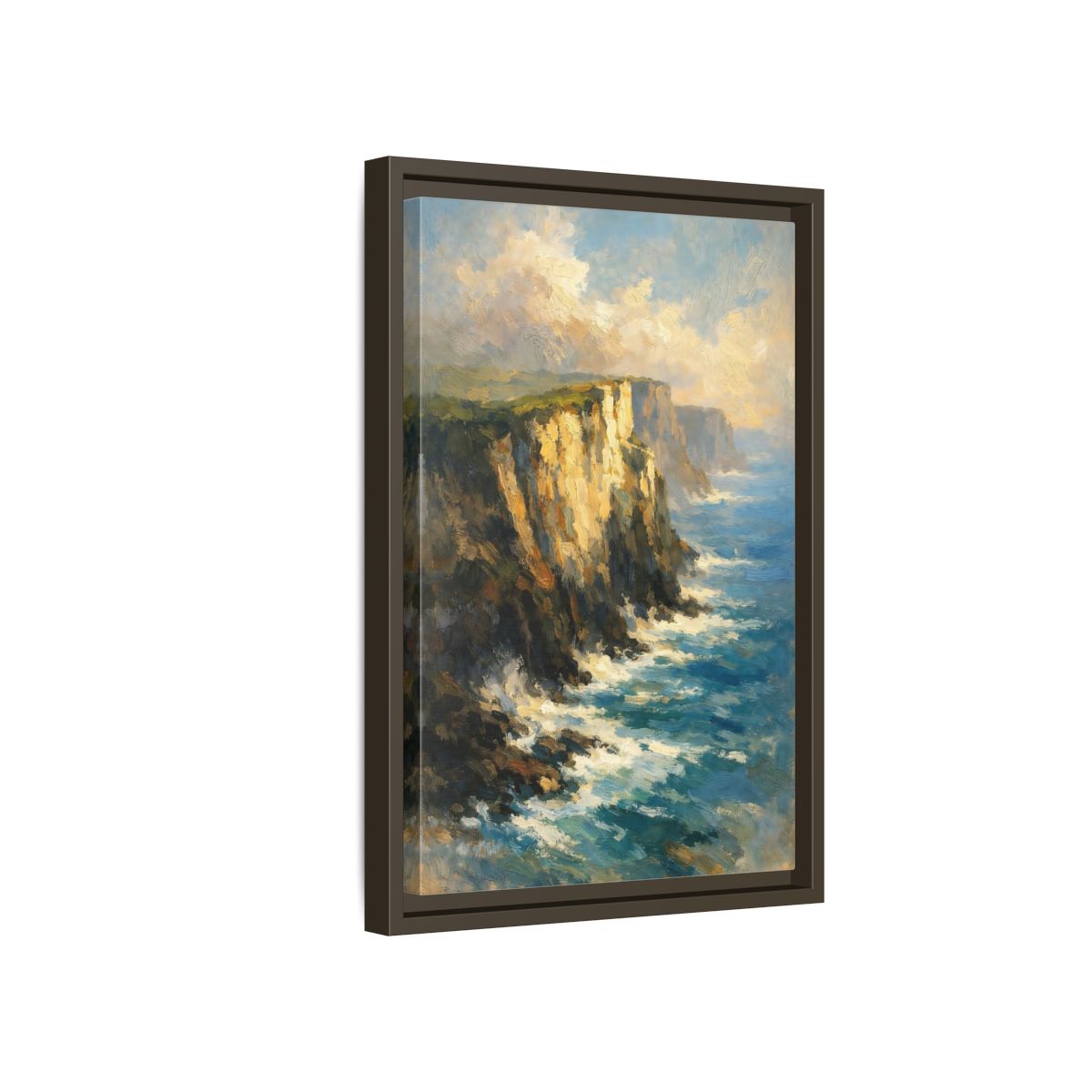 Side Mockup 5. Nature Ocean Cliffs Blue And Gold Coastal shown as stretched canvas wall art