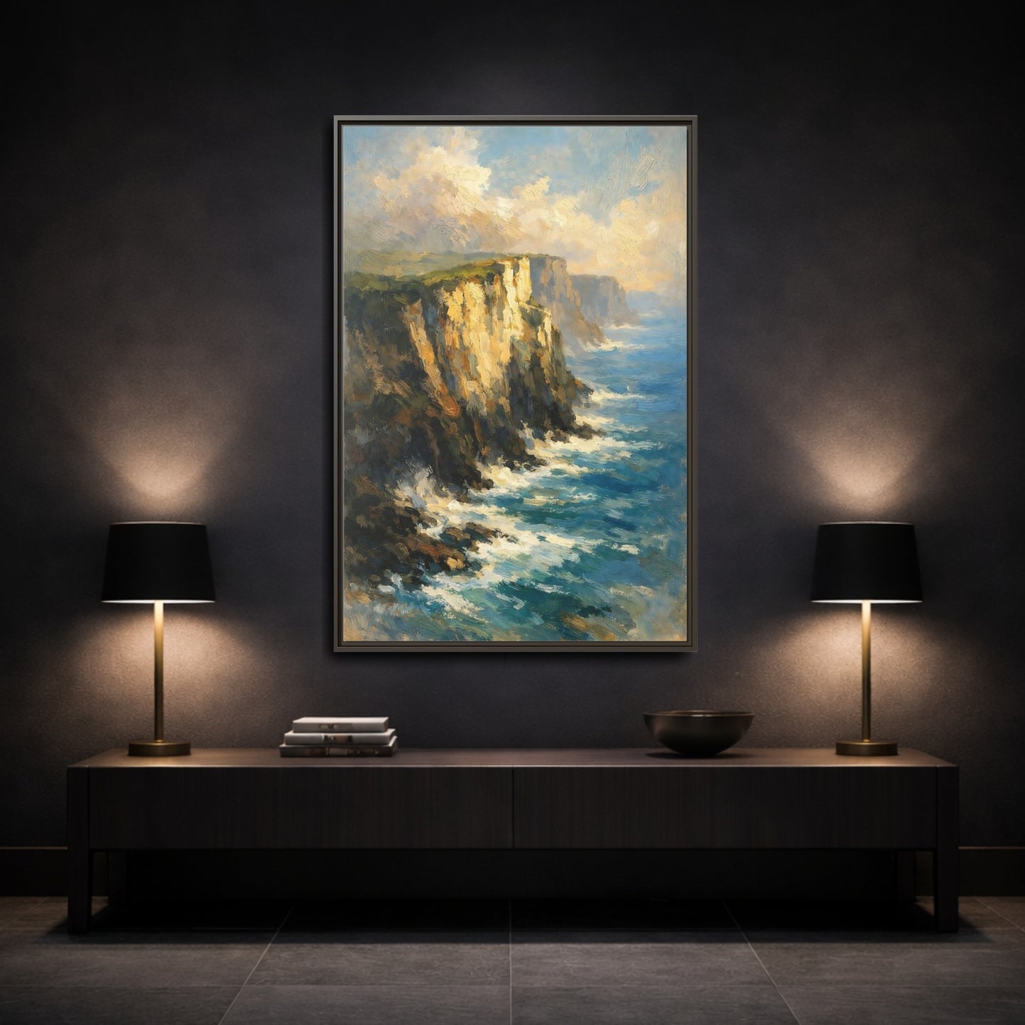 Mockup 2. Nature Ocean Cliffs Blue And Gold Coastal shown as stretched canvas wall art