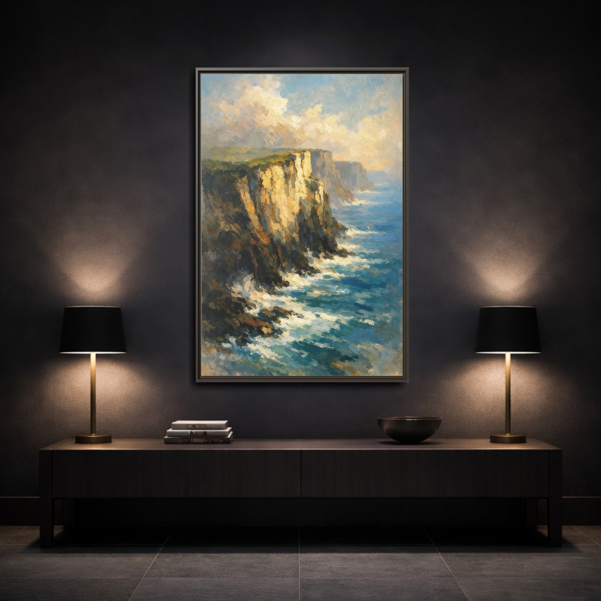 Mockup 2. Nature Ocean Cliffs Blue And Gold Coastal shown as stretched canvas wall art