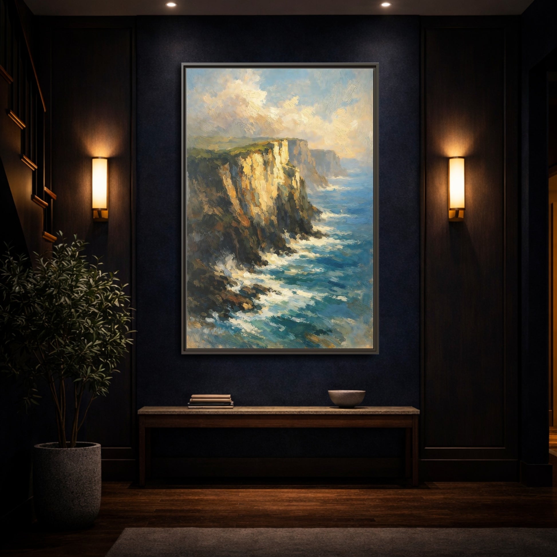 Mockup 3. Nature Ocean Cliffs Blue And Gold Coastal shown as stretched canvas wall art