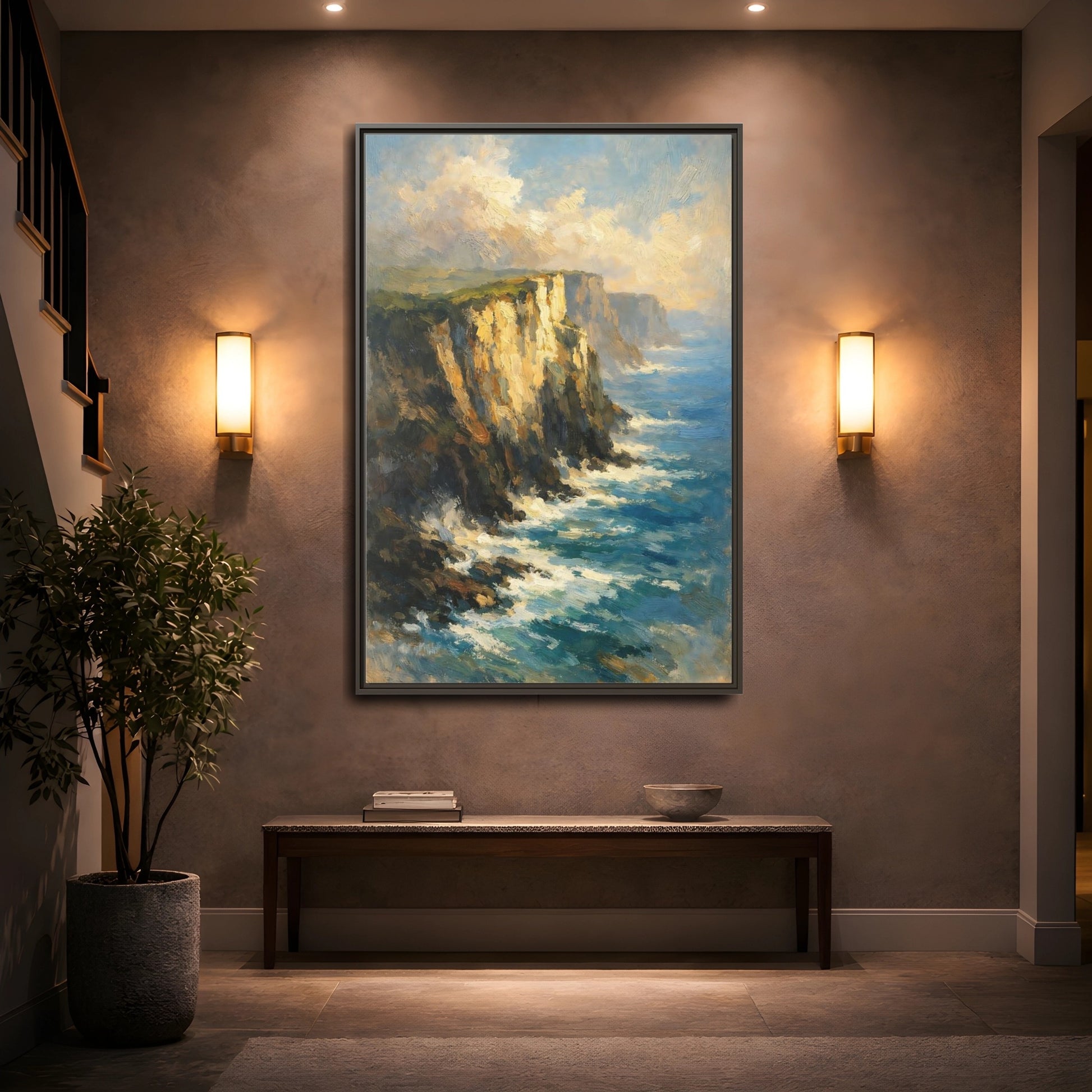 Mockup 4. Nature Ocean Cliffs Blue And Gold Coastal shown as stretched canvas wall art