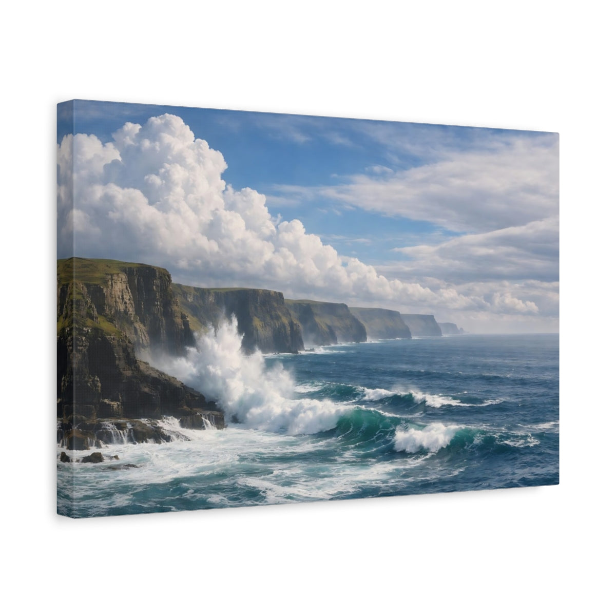 Side Mockup 4. Nature Ocean Cliffs Blue Ocean Cliffs shown as stretched canvas wall art