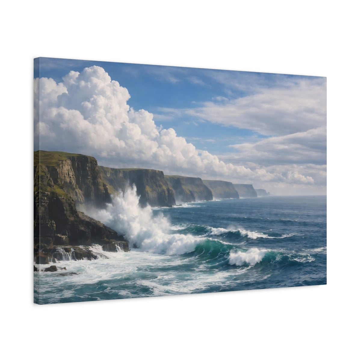 Side Mockup 2. Nature Ocean Cliffs Blue Ocean Cliffs shown as stretched canvas wall art