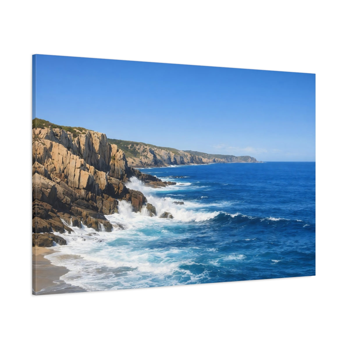 Side Mockup 1. Nature Ocean Cliffs Blue Ocean Cliffs shown as stretched canvas wall art