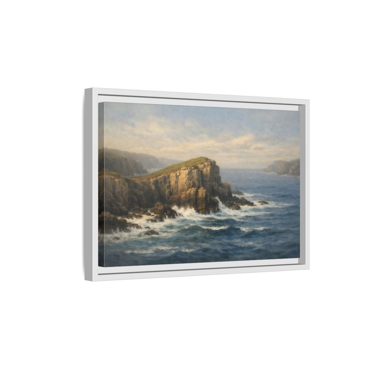 Side Mockup 4. Nature Ocean Cliffs Blue Ocean Cliffs shown as stretched canvas wall art