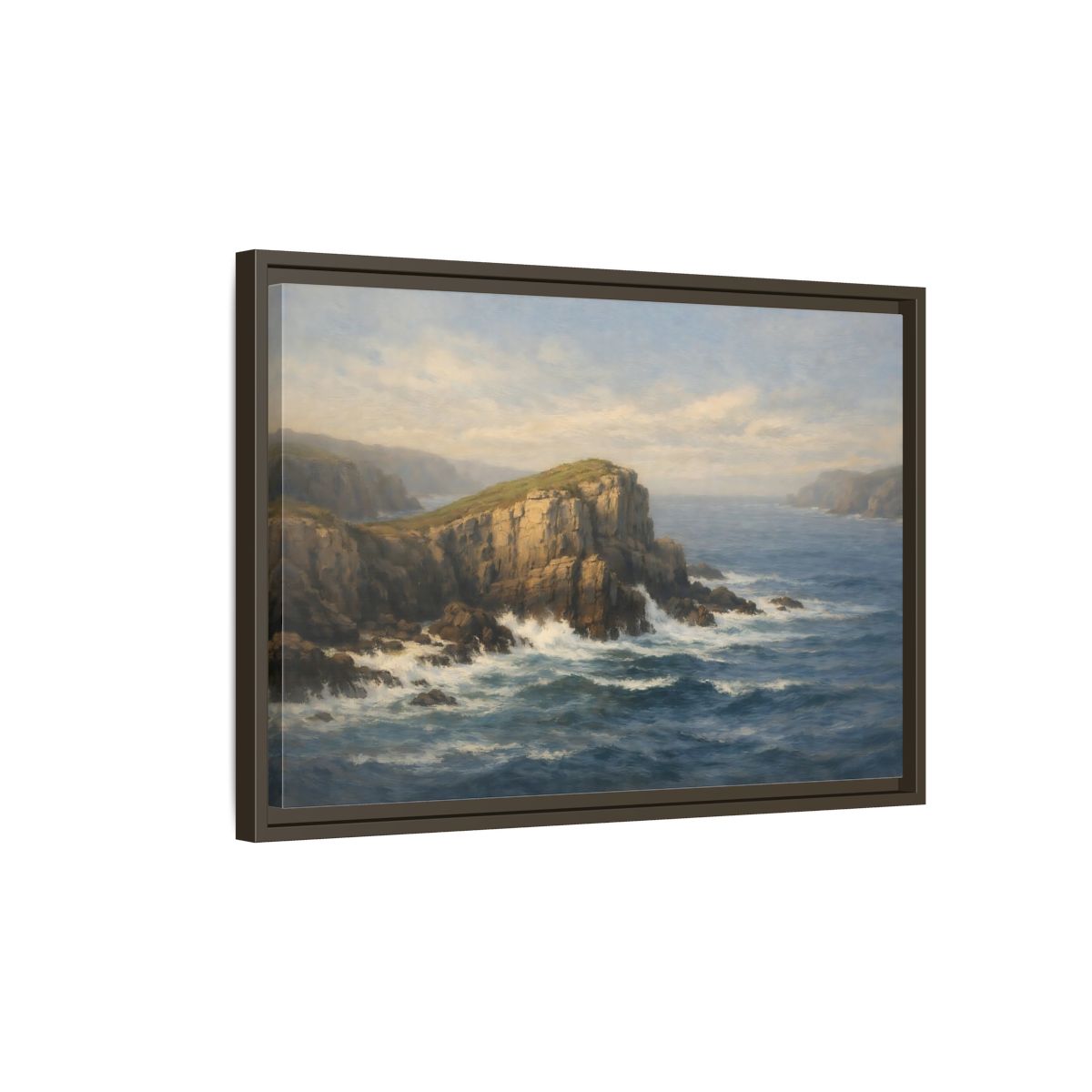Side Mockup 2. Nature Ocean Cliffs Blue Ocean Cliffs shown as stretched canvas wall art