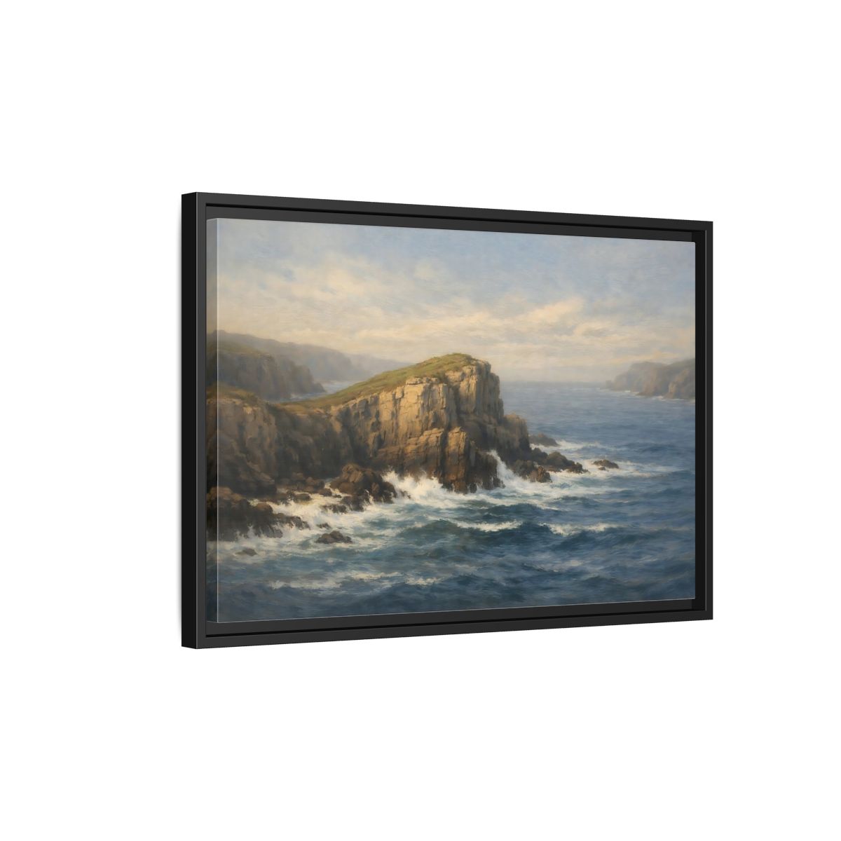 Side Mockup 3. Nature Ocean Cliffs Blue Ocean Cliffs shown as stretched canvas wall art