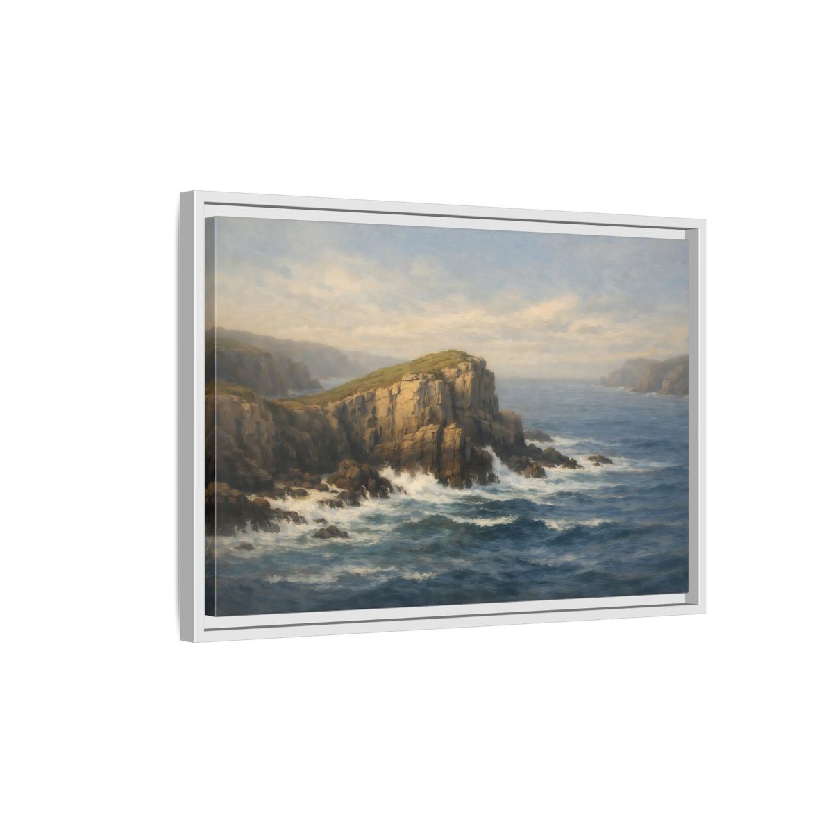 Side Mockup 1. Nature Ocean Cliffs Blue Ocean Cliffs shown as stretched canvas wall art