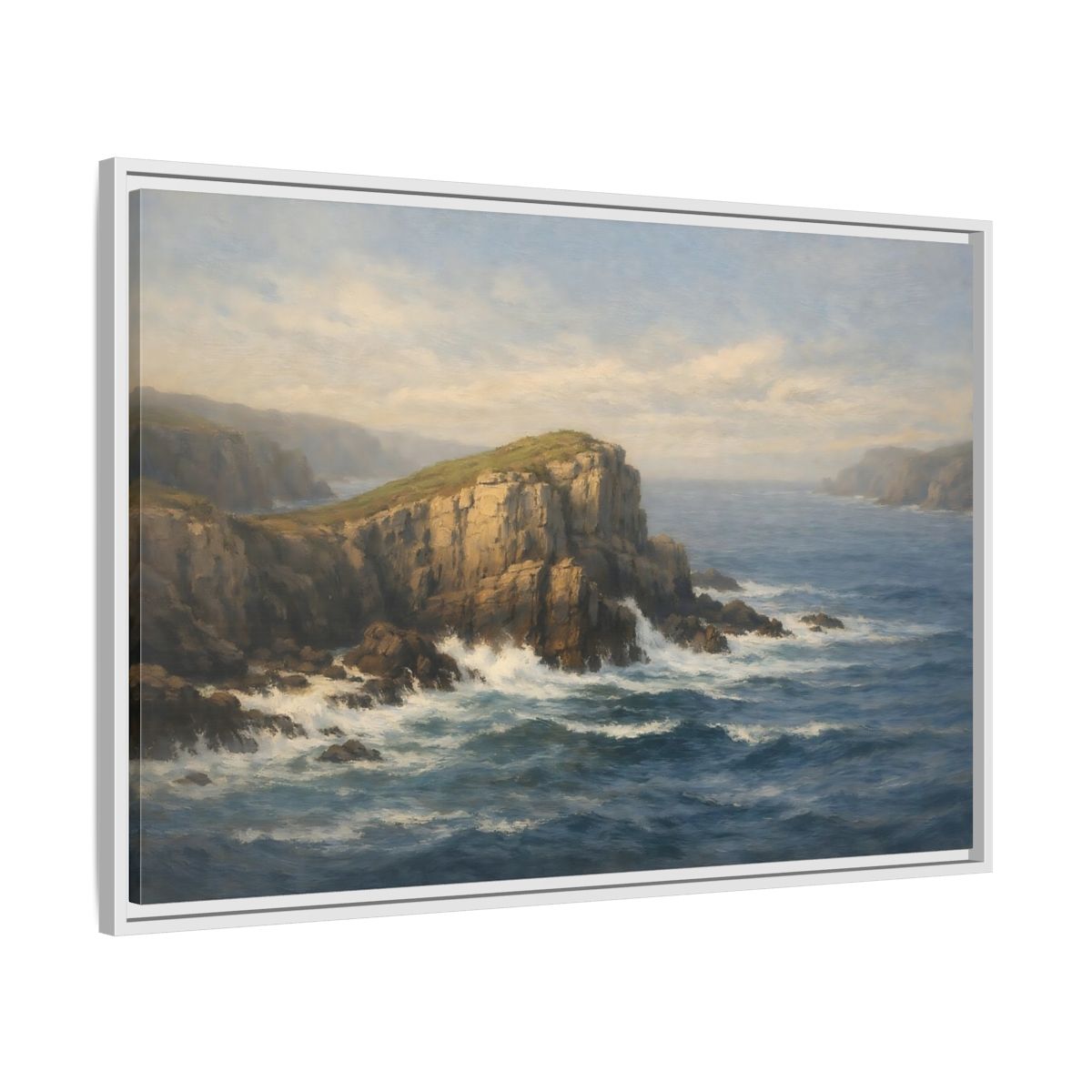 Side Mockup 8. Nature Ocean Cliffs Blue Ocean Cliffs shown as stretched canvas wall art