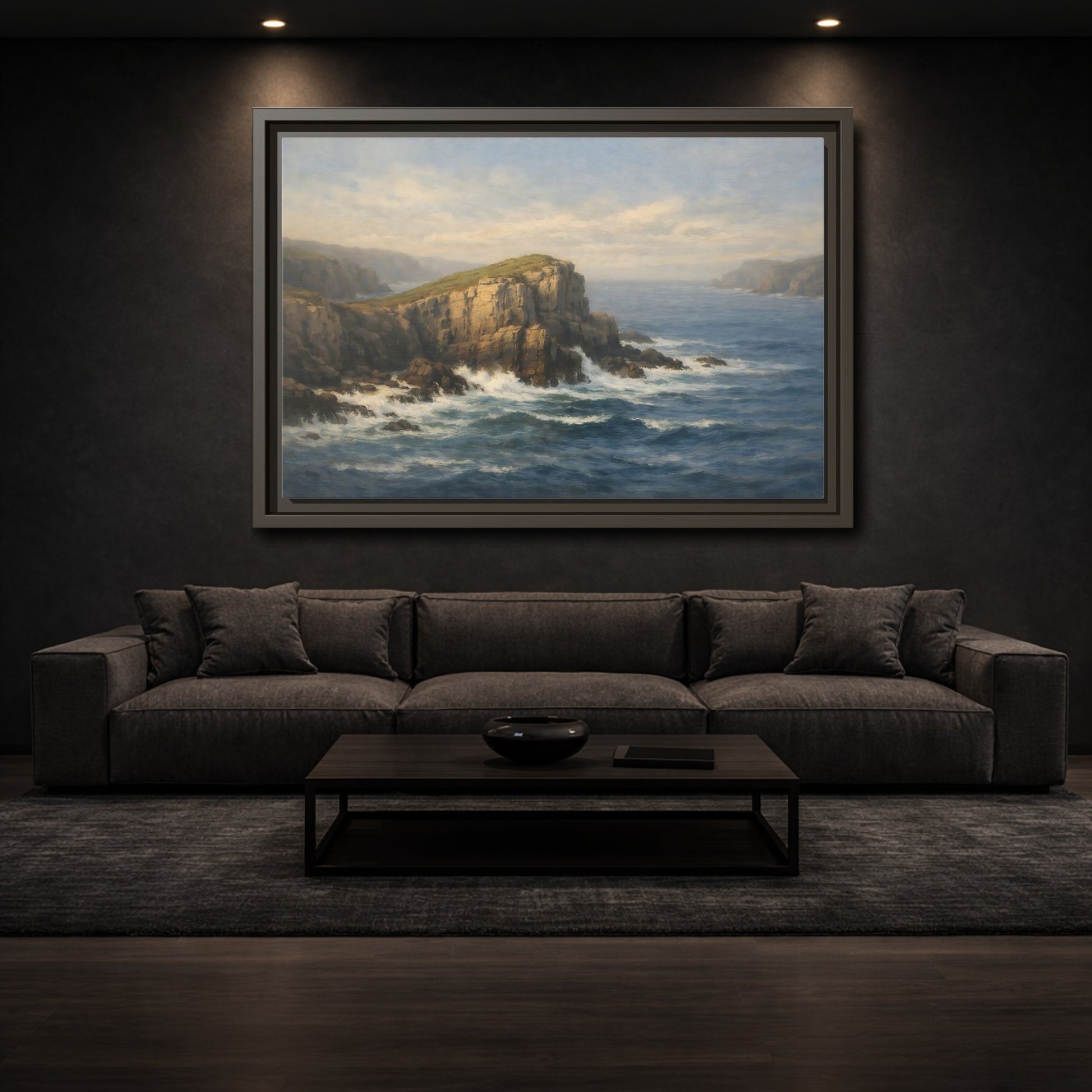 Mockup 2. Nature Ocean Cliffs Blue Ocean Cliffs shown as stretched canvas wall art
