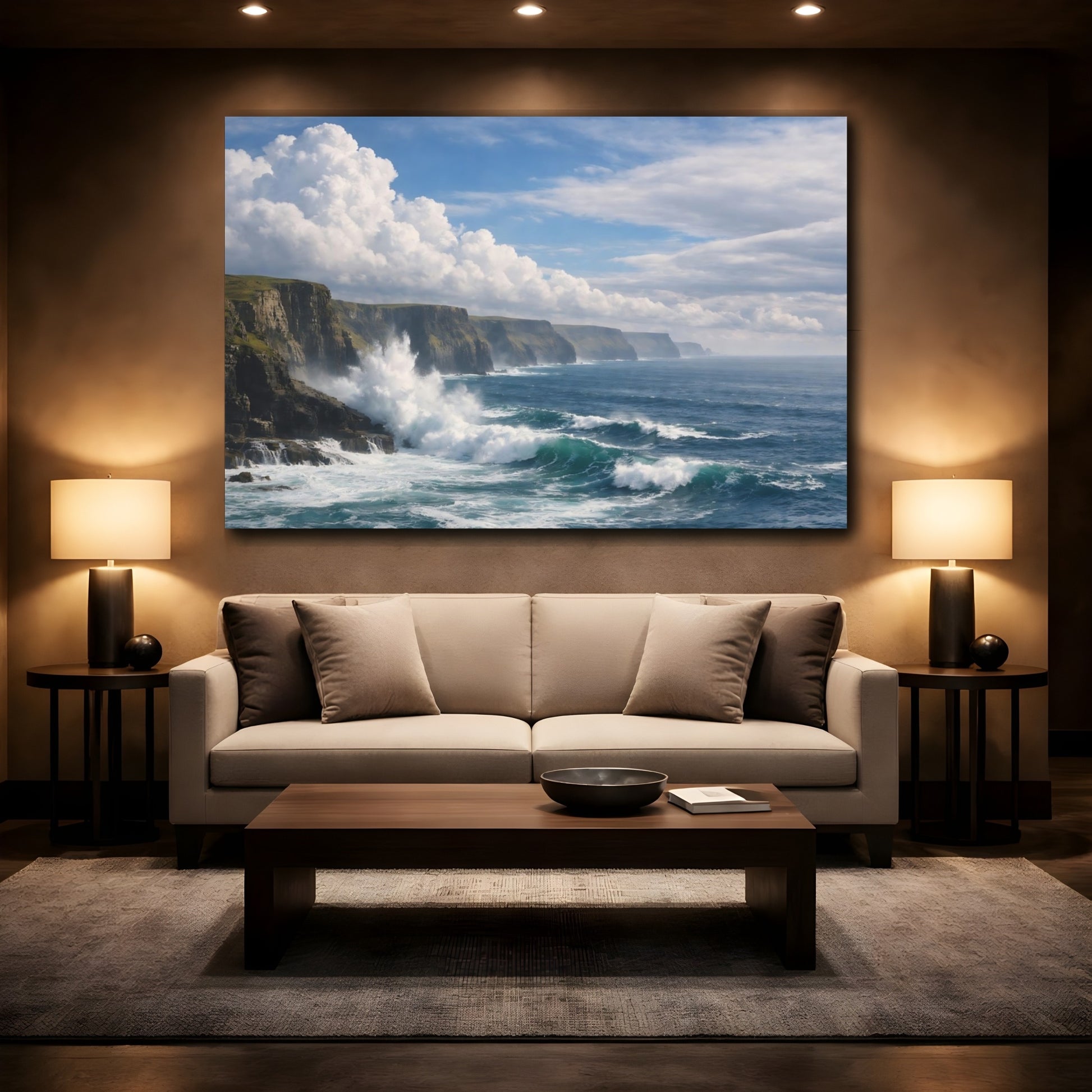 Mockup 2. Nature Ocean Cliffs Blue Ocean Cliffs shown as stretched canvas wall art