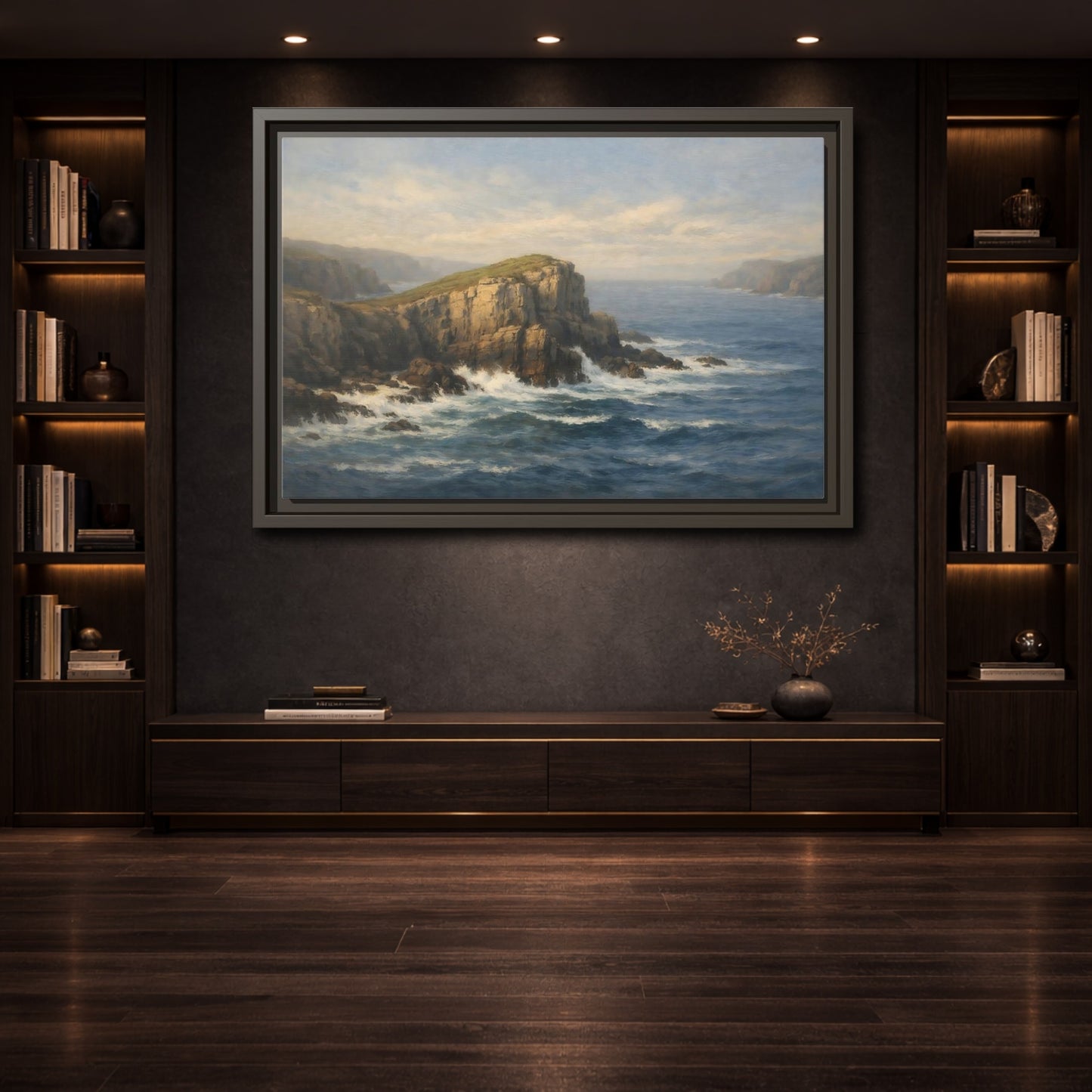 Mockup 3. Nature Ocean Cliffs Blue Ocean Cliffs shown as stretched canvas wall art