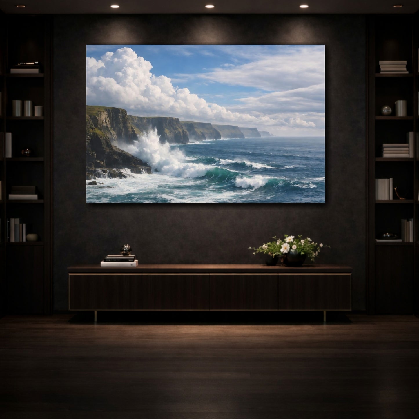 Mockup 3. Nature Ocean Cliffs Blue Ocean Cliffs shown as stretched canvas wall art