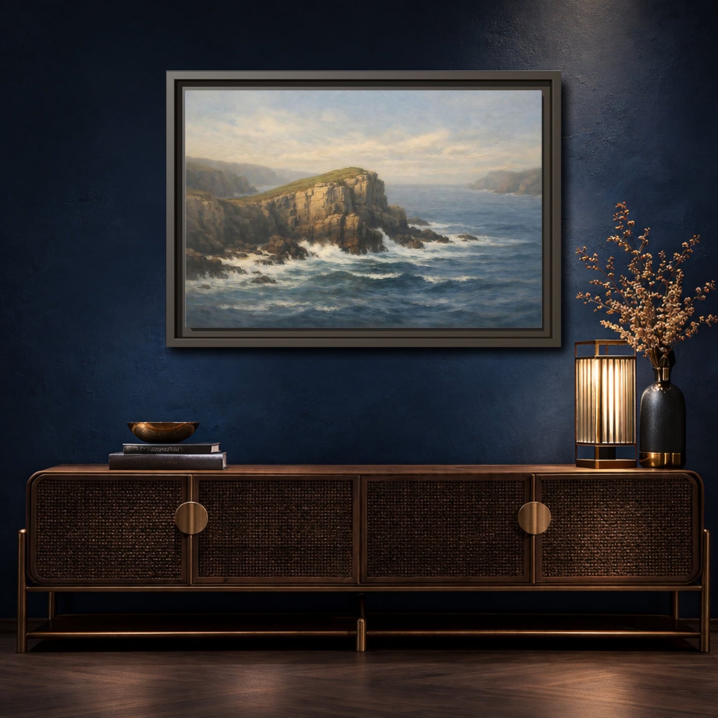 Mockup 4. Nature Ocean Cliffs Blue Ocean Cliffs shown as stretched canvas wall art