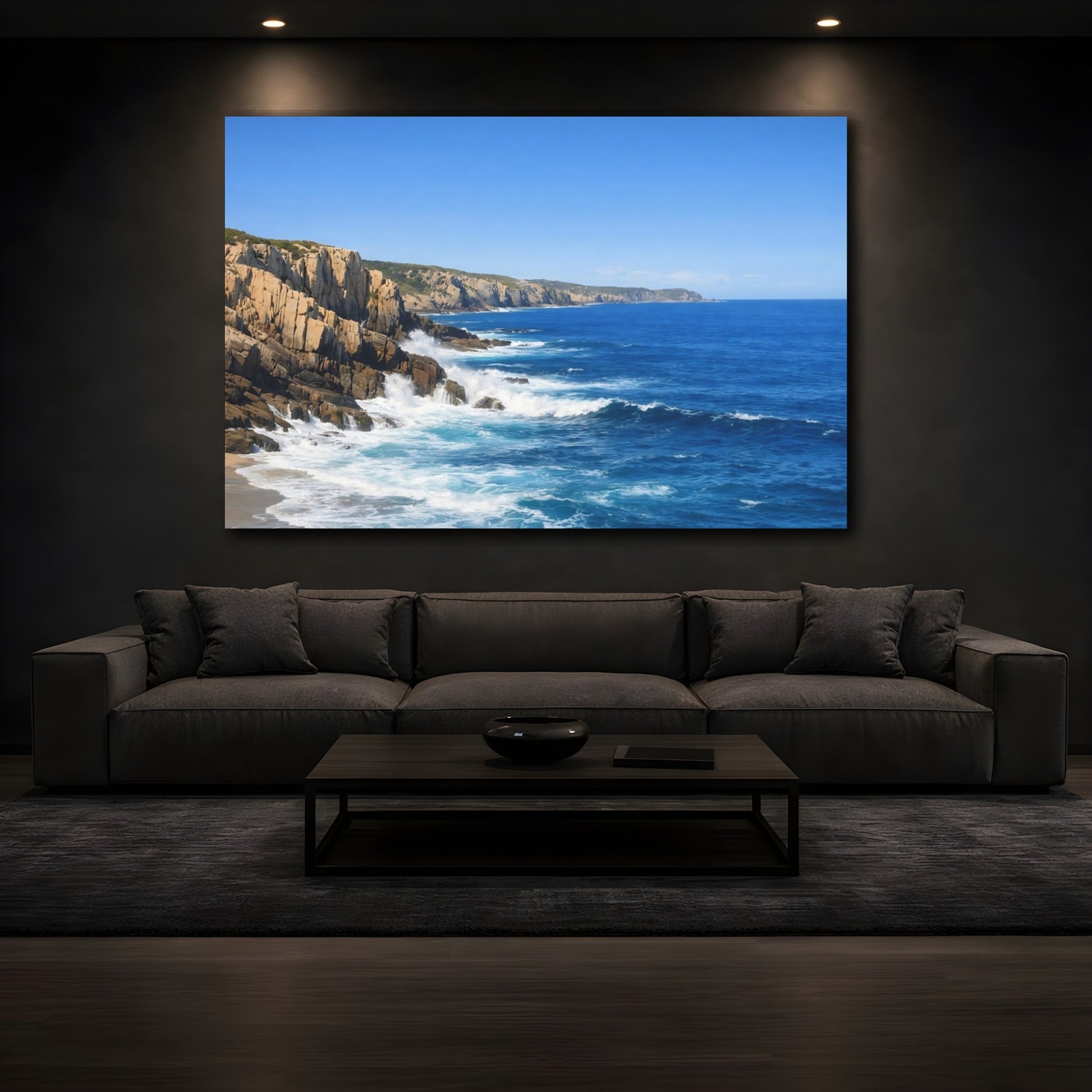 Mockup 4. Nature Ocean Cliffs Blue Ocean Cliffs shown as stretched canvas wall art