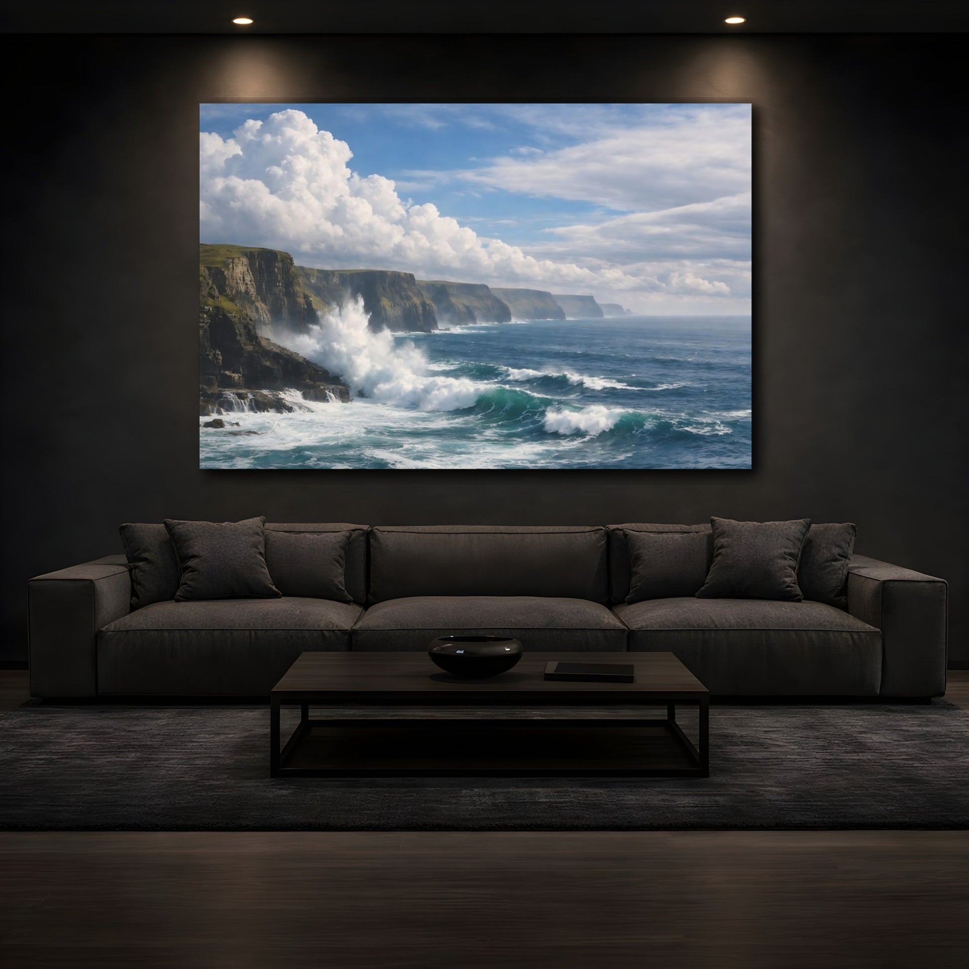 Mockup 4. Nature Ocean Cliffs Blue Ocean Cliffs shown as stretched canvas wall art