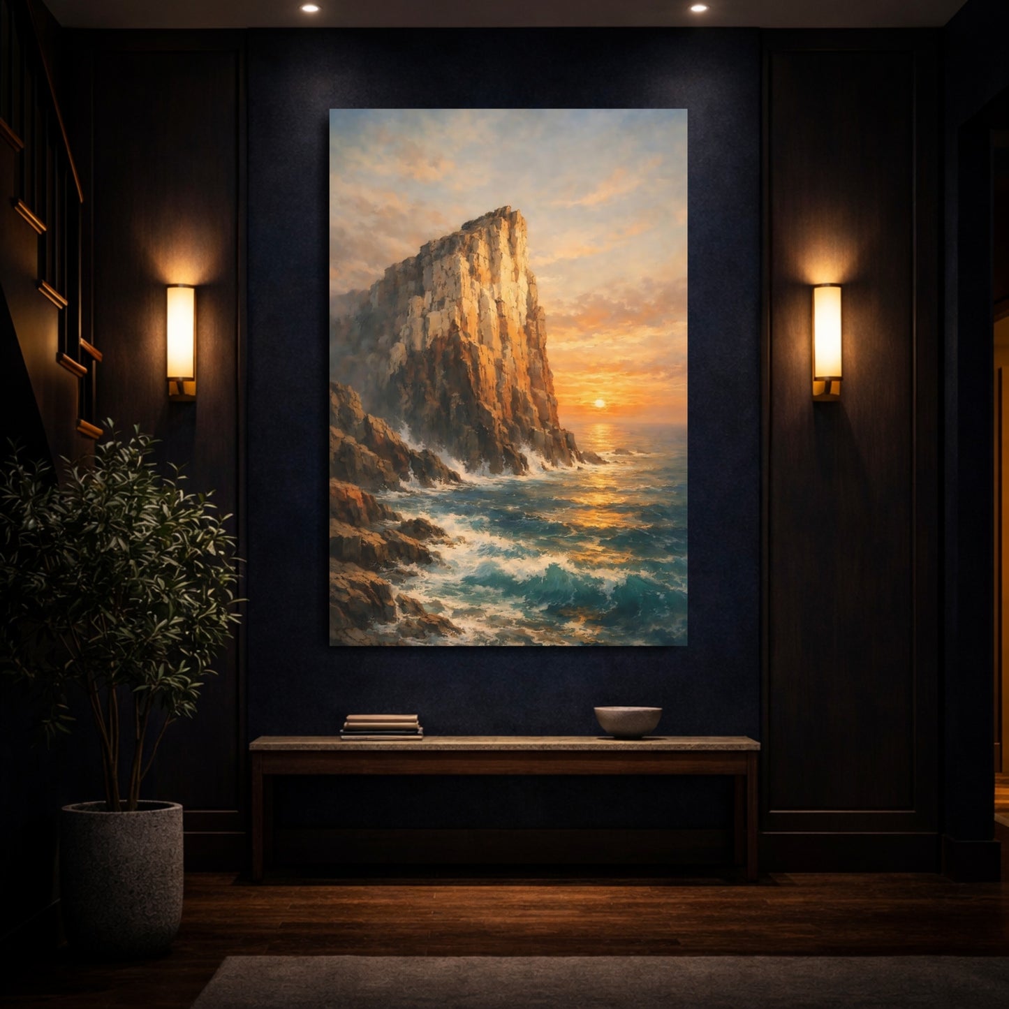 Nature Ocean Cliffs Orange Blue Ocean shown as front canvas room wall art