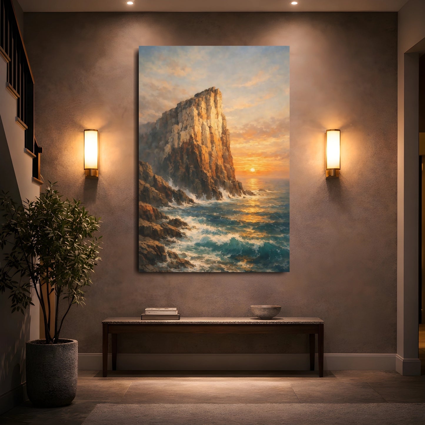Nature Ocean Cliffs Orange Blue Ocean shown as front canvas room wall art