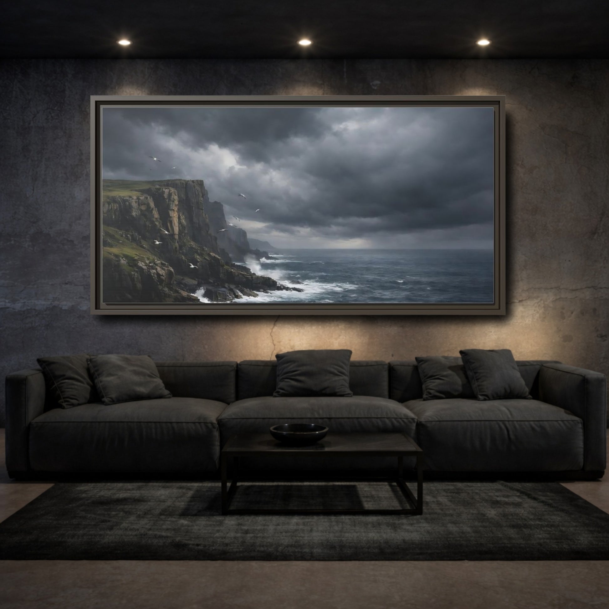Mockup 2. Nature Ocean Cliffs Stormy Ocean shown as stretched canvas wall art