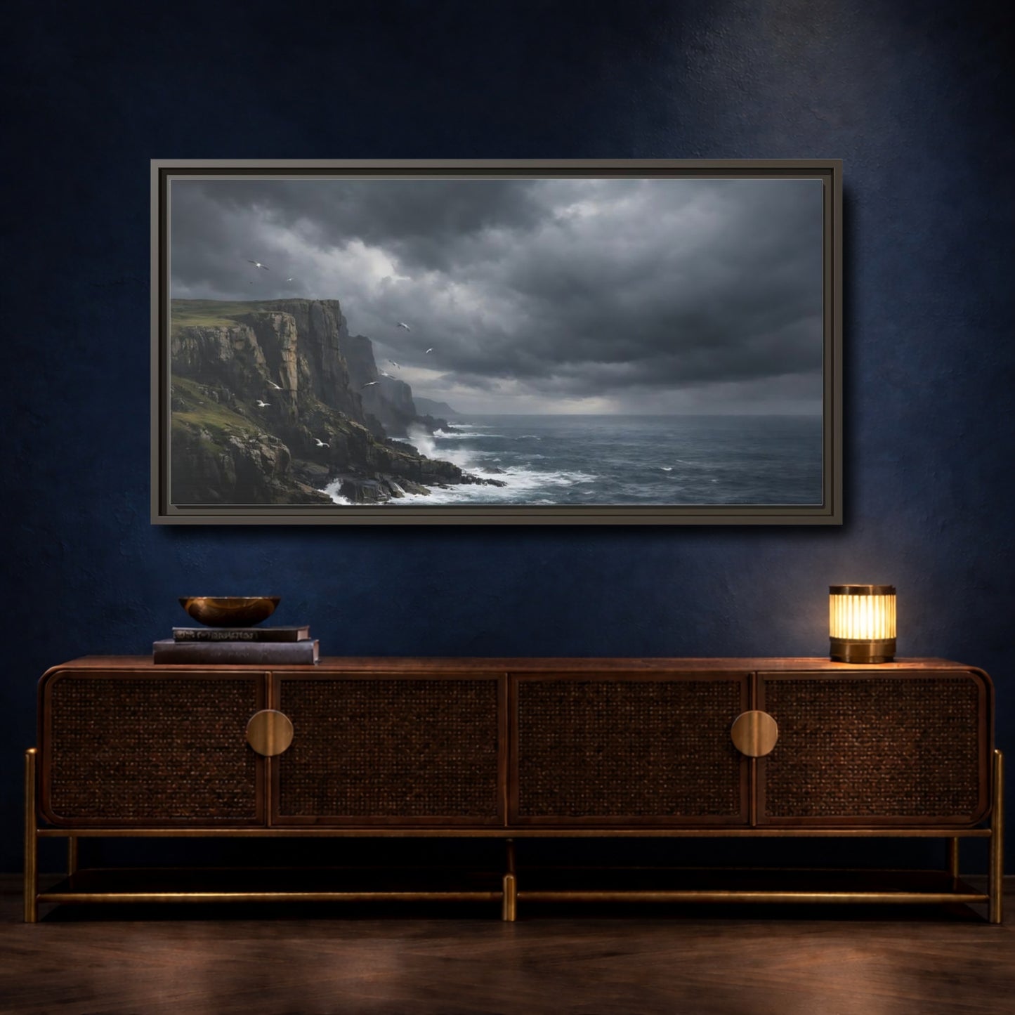 Mockup 4. Nature Ocean Cliffs Stormy Ocean shown as stretched canvas wall art
