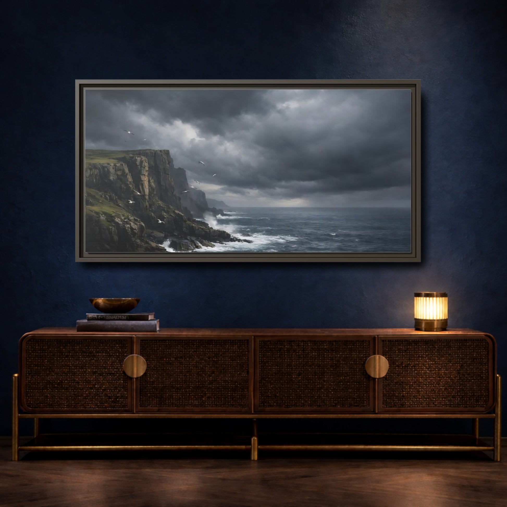 Mockup 4. Nature Ocean Cliffs Stormy Ocean shown as stretched canvas wall art