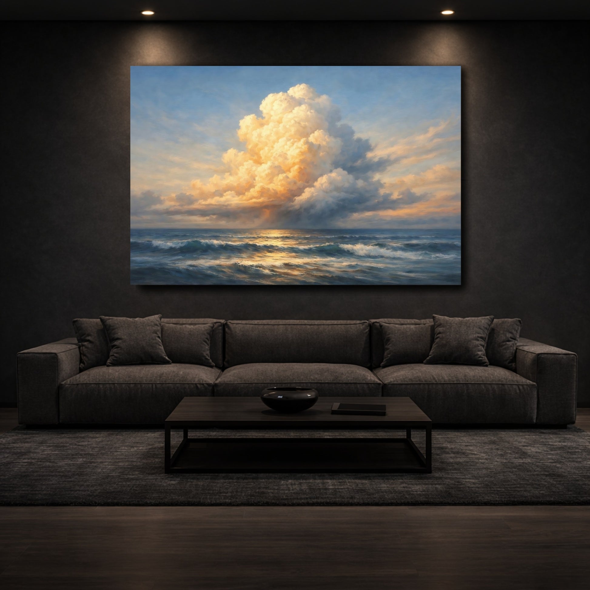 Mockup 2. Nature Ocean Clouds Golden Ocean Seascape shown as stretched canvas wall art