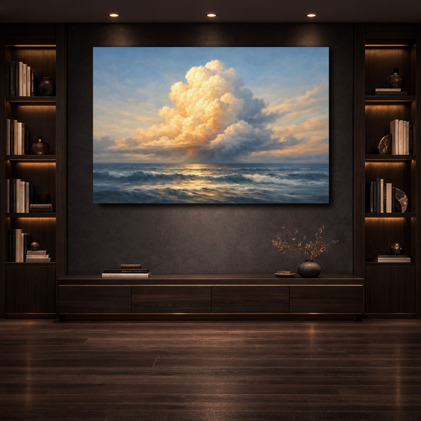 Mockup 3. Nature Ocean Clouds Golden Ocean Seascape shown as stretched canvas wall art