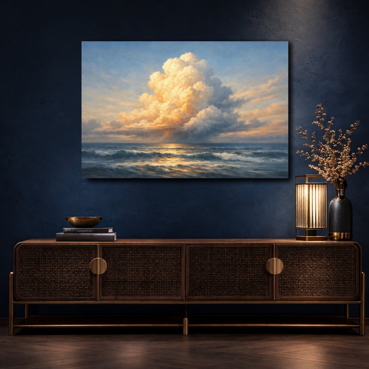 Mockup 4. Nature Ocean Clouds Golden Ocean Seascape shown as stretched canvas wall art