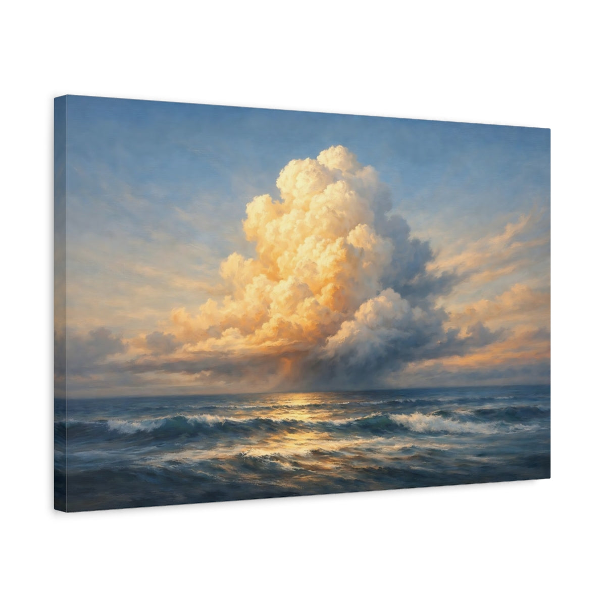 Side Mockup 3. Nature Ocean Clouds Golden Ocean Seascape shown as stretched canvas wall art