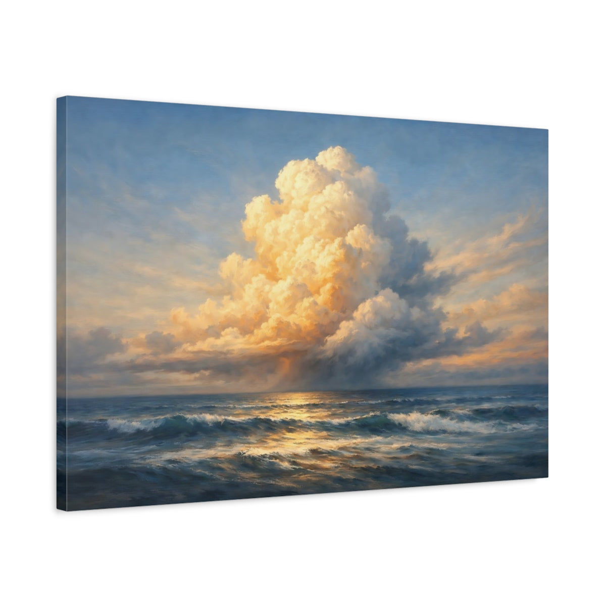 Side Mockup 2. Nature Ocean Clouds Golden Ocean Seascape shown as stretched canvas wall art