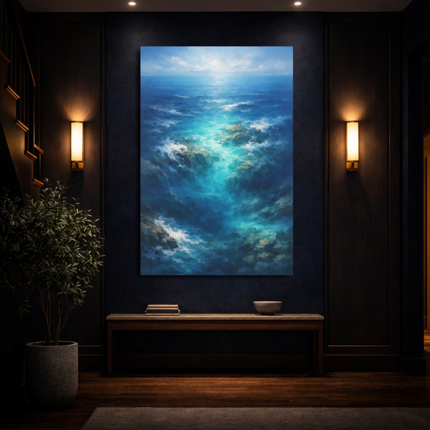 Nature Ocean Current Blue Ocean shown as front canvas room wall art
